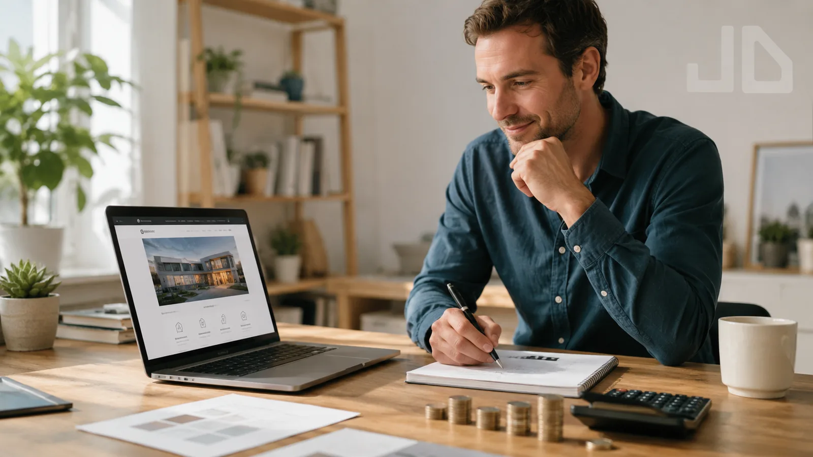 Entrepreneur consultant son projet de site internet et calculant son budget, illustrant le paiement en 6 mensualités