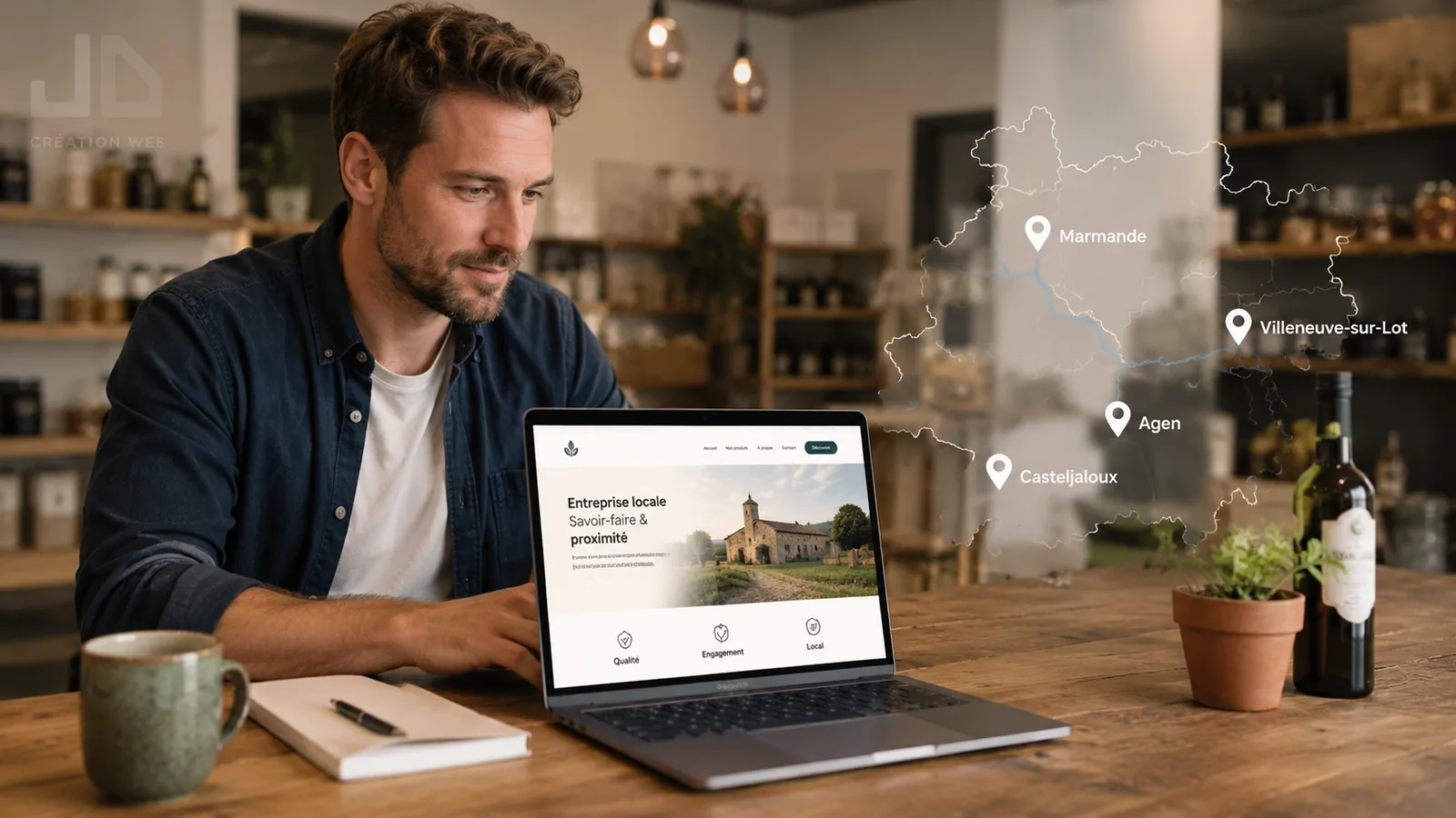 Entrepreneur du Lot-et-Garonne consultant son site internet, carte du département avec Agen, Marmande, Casteljaloux et Villeneuve-sur-Lot
