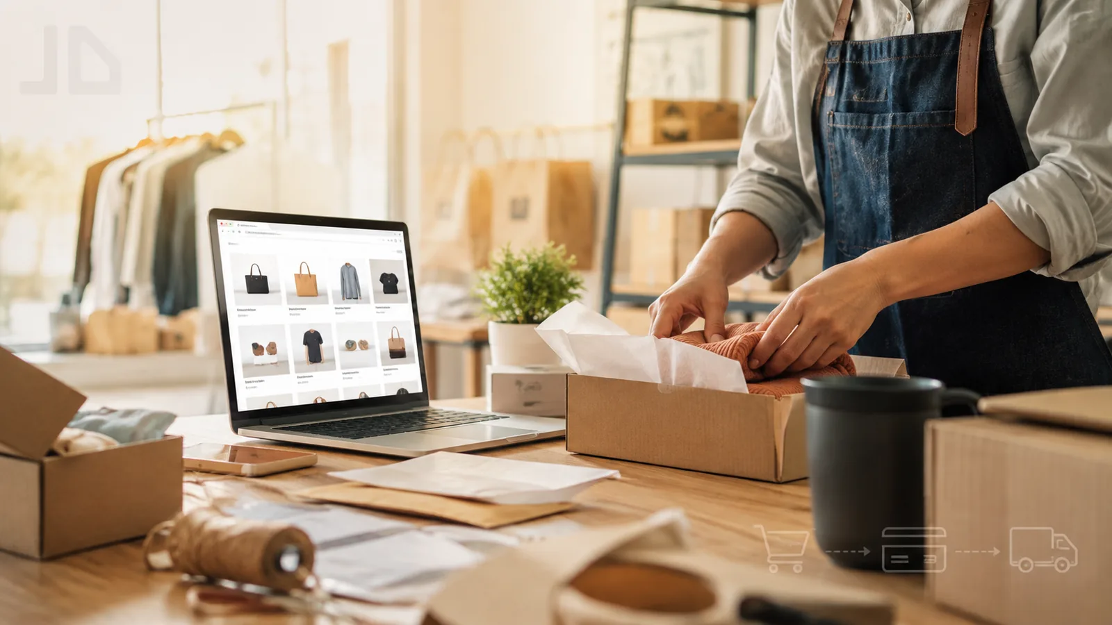 Commerçant préparant une commande e-commerce devant un ordinateur affichant sa boutique en ligne