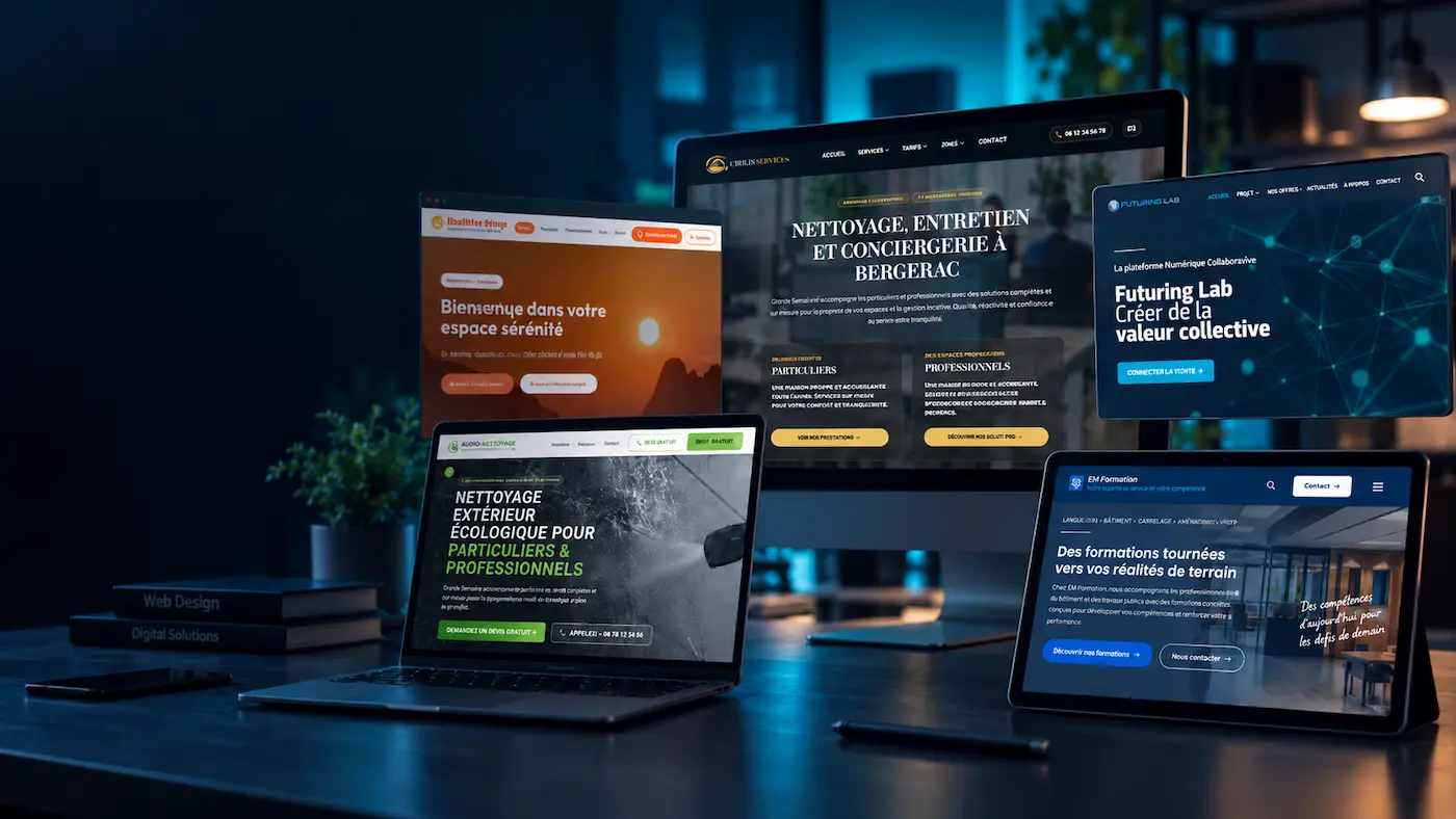 Sites internet réalisés par JD Création Web affichés sur ordinateur, tablette et mobile